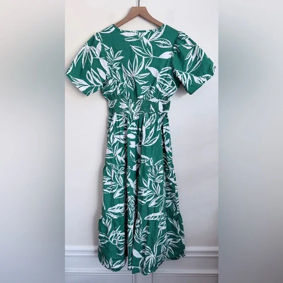 Meadow Rhodes Green White Floral Midi Dress smocked short sleeve M - Picture 3 of 7